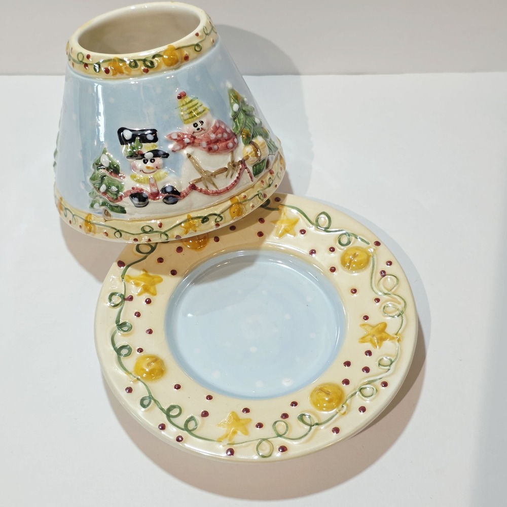 2 Pc Yankee Candle Small Shade Topper Plate Luster Christmas Snowmen Design
